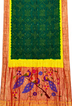 Green Paithani Silk Saree with Muniya Border & Hand Bandhej - Luxurion World