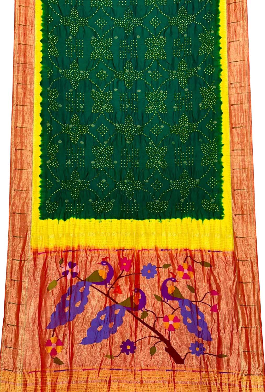 Green Paithani Silk Saree with Muniya Border & Hand Bandhej - Luxurion World