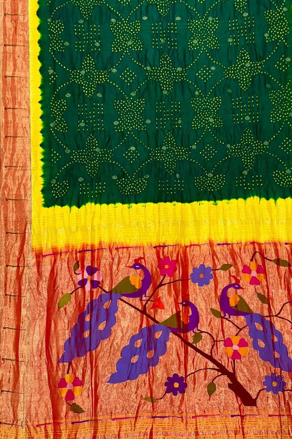 Green Paithani Silk Saree with Muniya Border & Hand Bandhej - Luxurion World