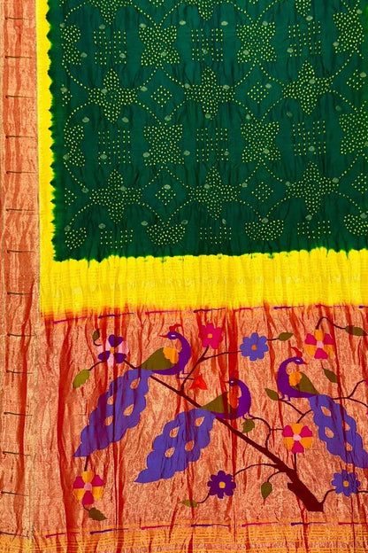 Green Paithani Silk Saree with Muniya Border & Hand Bandhej - Luxurion World