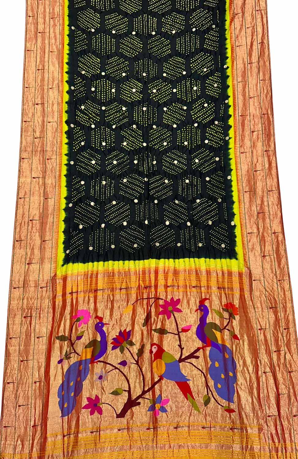 Elegant Black Paithani Silk Saree with Hand Bandhej Border - Luxurion World