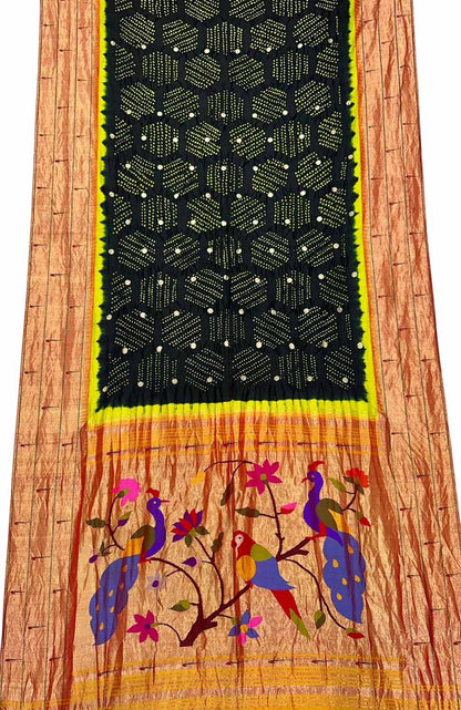 Elegant Black Paithani Silk Saree with Hand Bandhej Border - Luxurion World