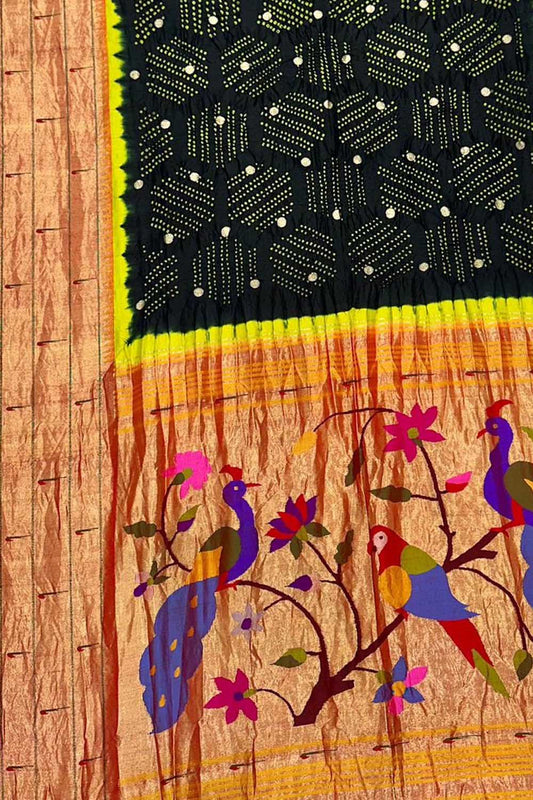 Elegant Black Paithani Silk Saree with Hand Bandhej Border - Luxurion World