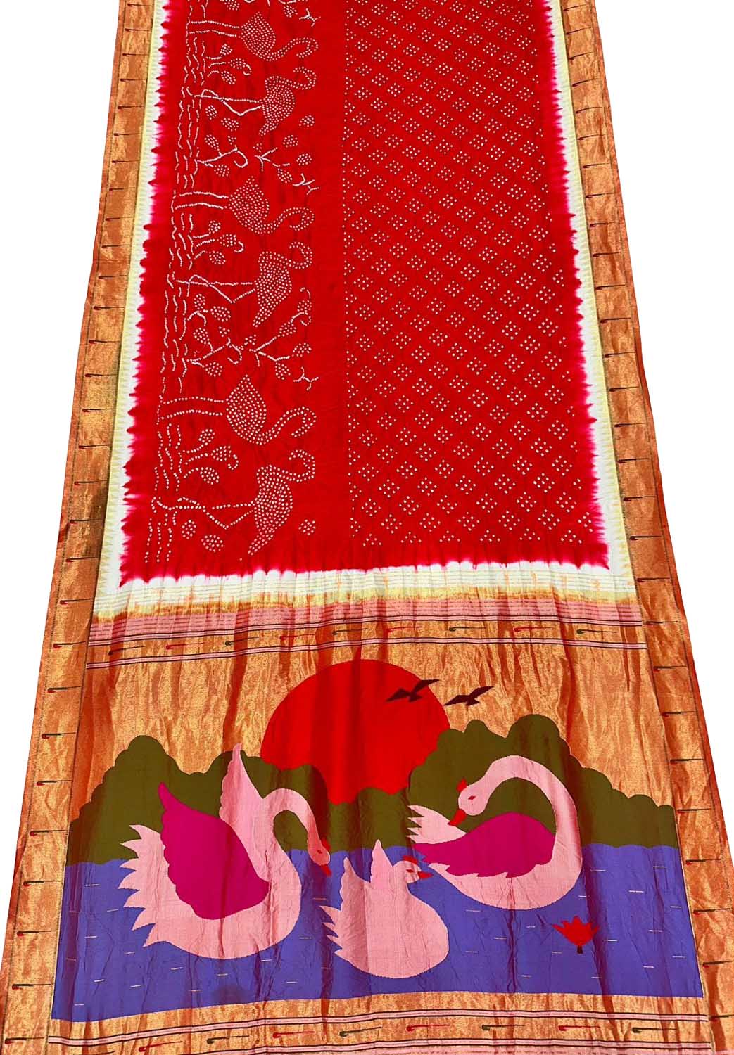 Red Paithani Silk Saree with Hand Bandhej Border - Luxurion World