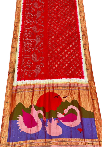 Red Paithani Silk Saree with Hand Bandhej Border - Luxurion World