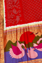 Red Paithani Silk Saree with Hand Bandhej Border - Luxurion World