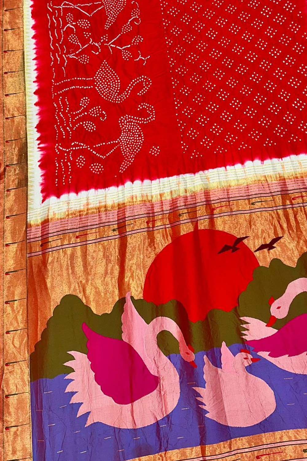 Red Paithani Silk Saree with Hand Bandhej Border - Luxurion World