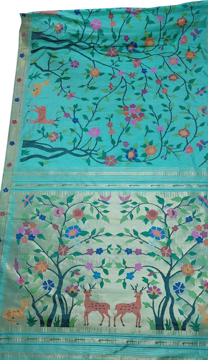 Blue Handloom Paithani Pure Silk Flower Design Saree - Luxurion World