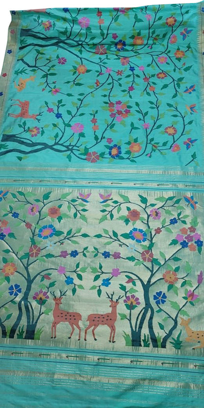 Blue Handloom Paithani Pure Silk Flower Design Saree - Luxurion World