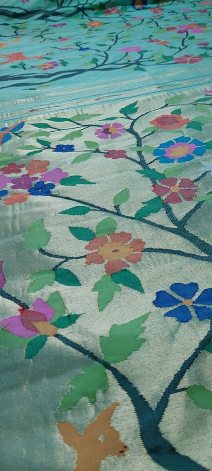Blue Handloom Paithani Pure Silk Flower Design Saree - Luxurion World