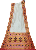 Off White Handloom Paithani Pure Silk Peacock And Parrot Design Saree - Luxurion World