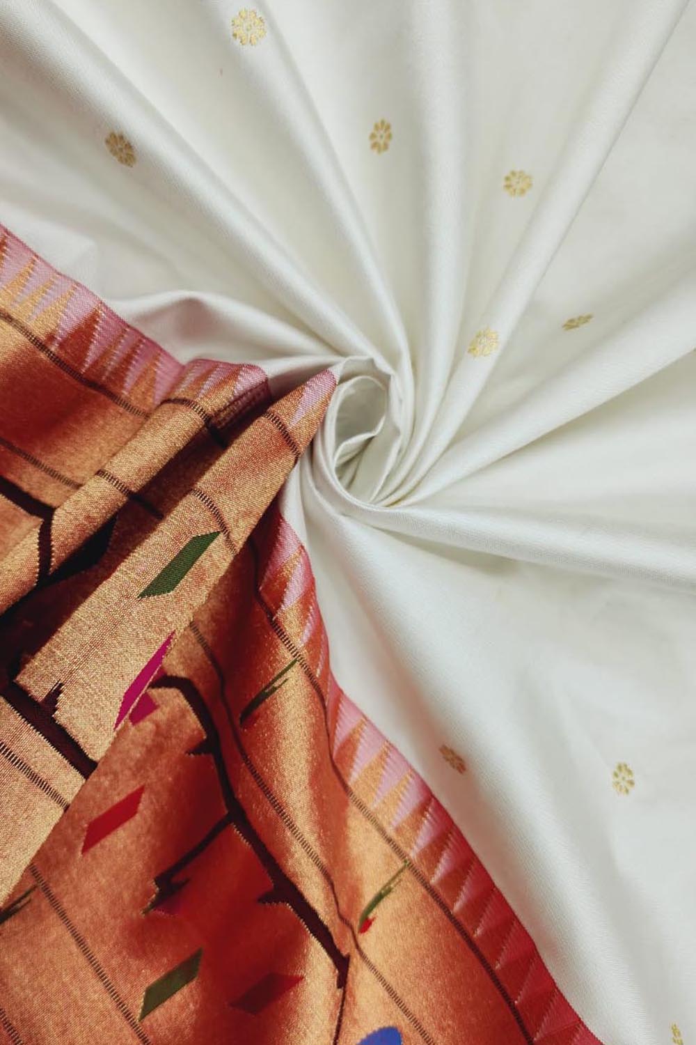 Off White Handloom Paithani Pure Silk Peacock And Parrot Design Saree - Luxurion World