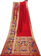 Red Handloom Paithani Pure Silk Muniya Border Peacock And Parrot Design Saree - Luxurion World