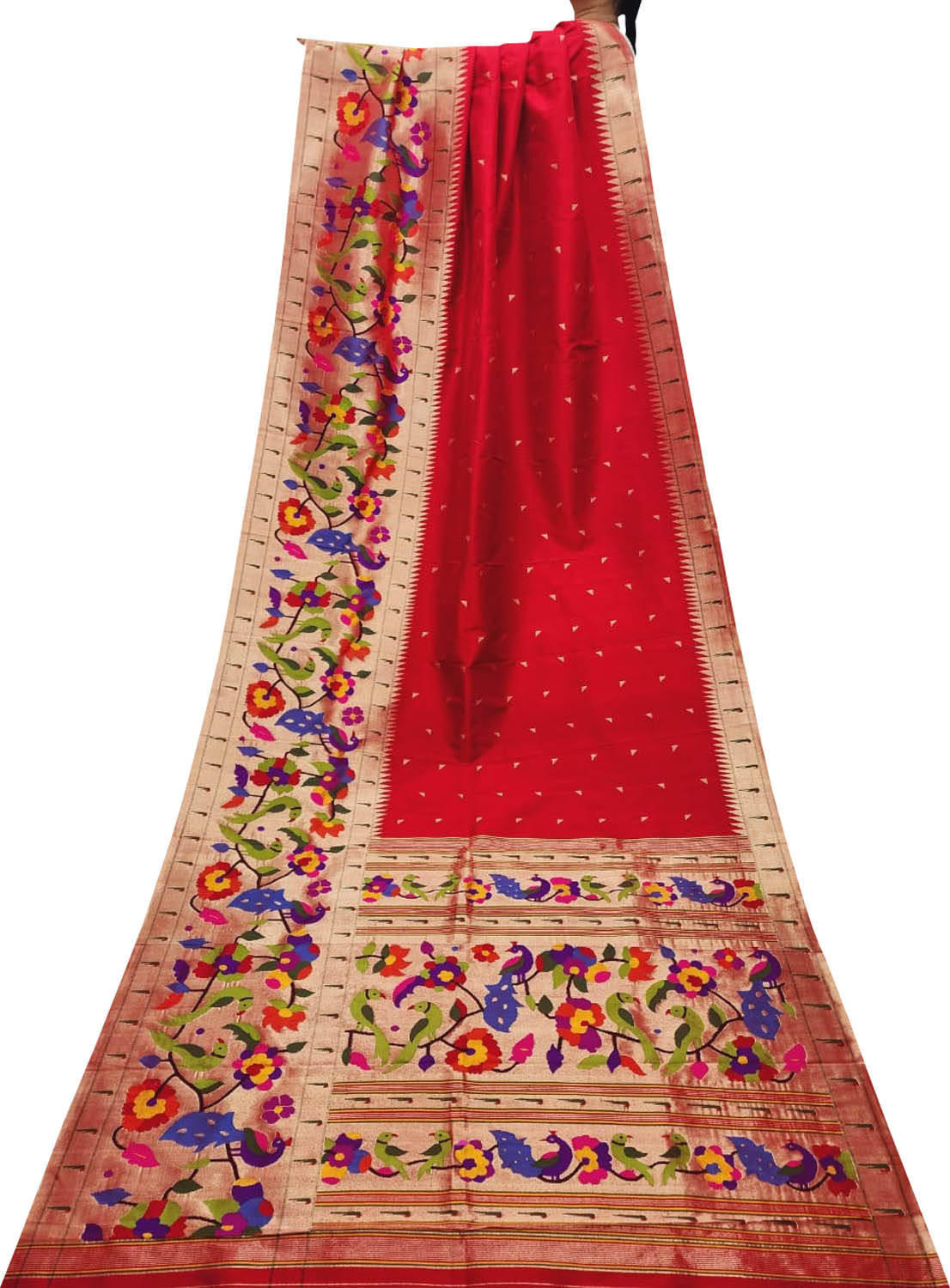 Red Handloom Paithani Pure Silk Muniya Border Peacock And Parrot Design Saree - Luxurion World