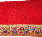 Red Handloom Paithani Pure Silk Muniya Border Peacock And Parrot Design Saree - Luxurion World
