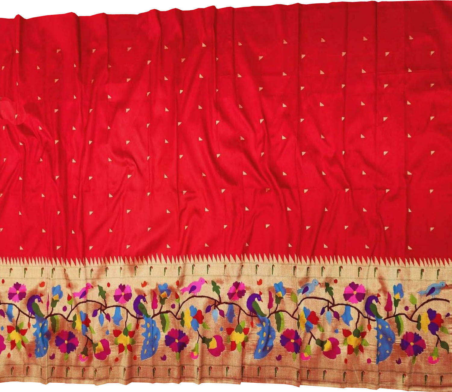 Red Handloom Paithani Pure Silk Muniya Border Peacock And Parrot Design Saree - Luxurion World