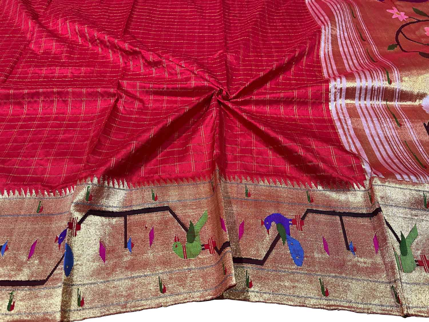 Red Paithani Handloom Pure Silk Muniya Border Peacock And Parrot Design Saree - Luxurion World