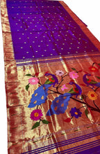 Purple Paithani Handloom Pure Silk Peacock And Flower Design Saree - Luxurion World