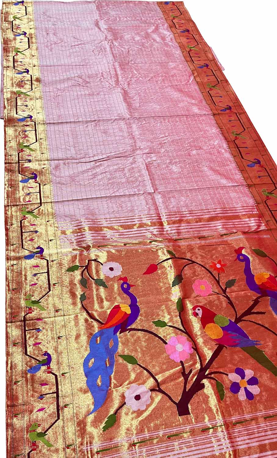 Pink Paithani Handloom Pure Silk Muniya Border Peacock And Parrot Design Saree - Luxurion World
