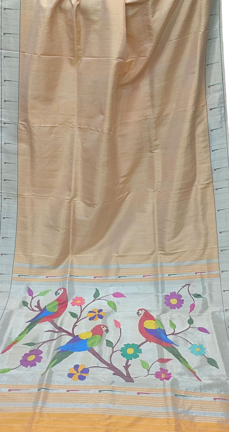 Cream Paithani Handloom Pure Silk Muniya Border Saree - Luxurion World