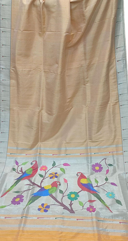 Cream Paithani Handloom Pure Silk Muniya Border Saree - Luxurion World