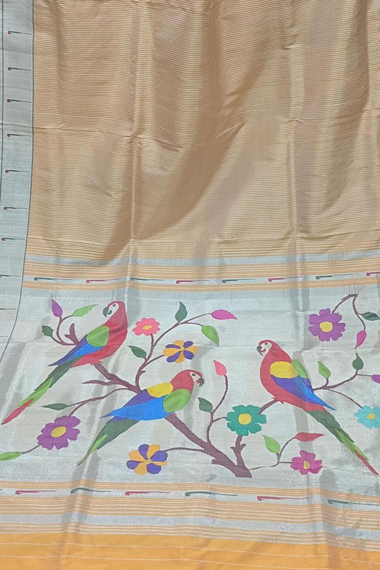 Cream Paithani Handloom Pure Silk Muniya Border Saree - Luxurion World