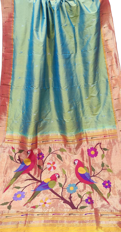 Blue & Green Shot Paithani Silk Saree with Muniya Border - Luxurion World