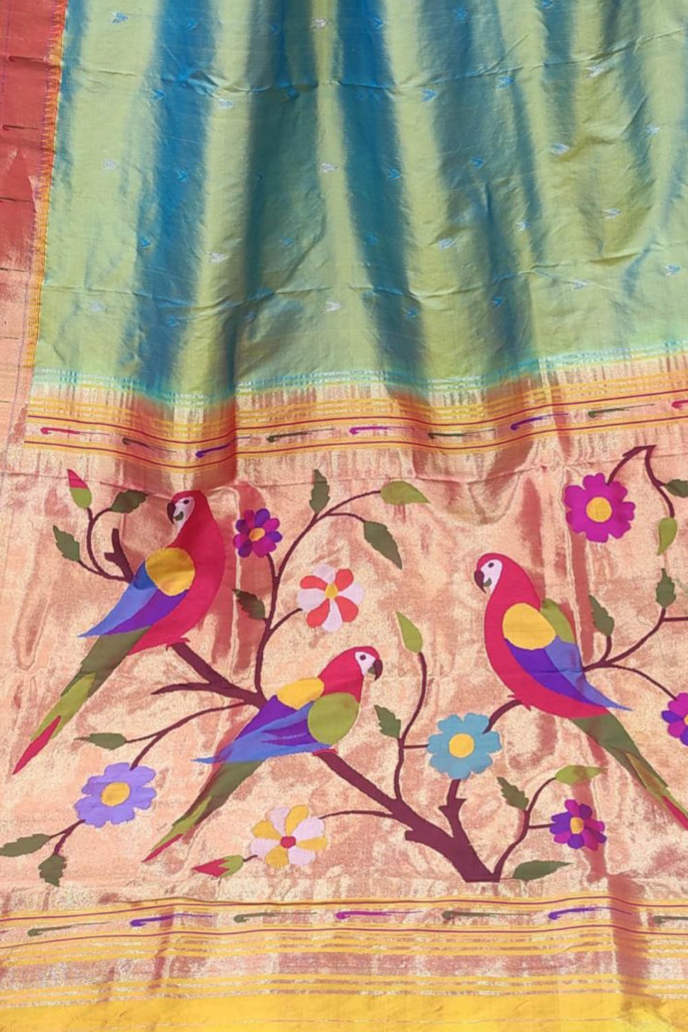 Blue & Green Shot Paithani Silk Saree with Muniya Border - Luxurion World