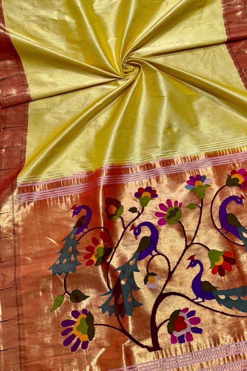 Yellow Paithani Handloom Pure Tissue Silk Saree - Luxurion World