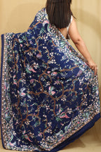 Blue Hand Embroidered Parsi Gara Pure Crepe Saree - Luxurion World