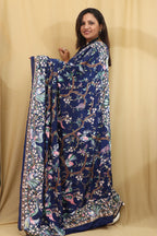 Blue Hand Embroidered Parsi Gara Pure Crepe Saree - Luxurion World