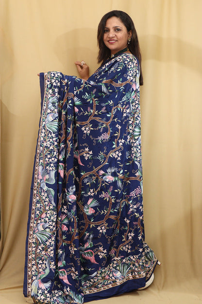 Blue Hand Embroidered Parsi Gara Pure Crepe Saree - Luxurion World