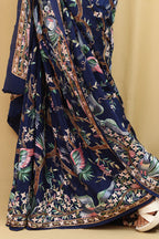 Blue Hand Embroidered Parsi Gara Pure Crepe Saree - Luxurion World