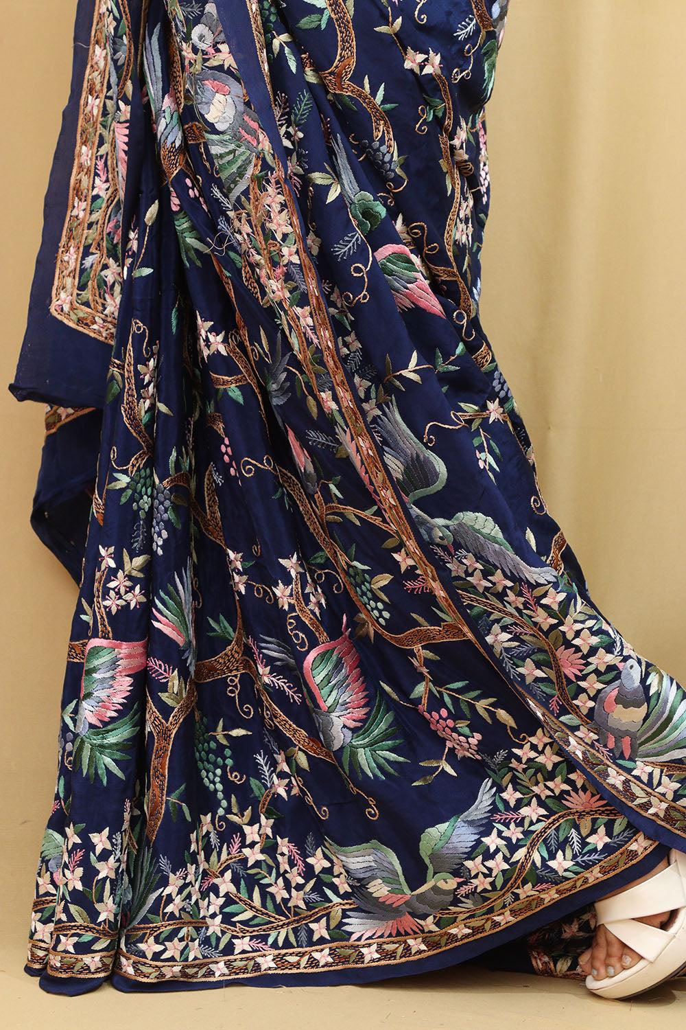 Blue Hand Embroidered Parsi Gara Pure Crepe Saree - Luxurion World