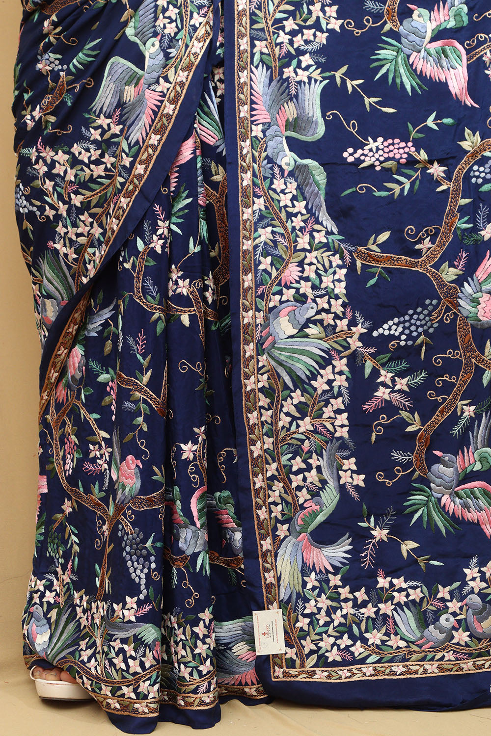 Blue Hand Embroidered Parsi Gara Pure Crepe Saree - Luxurion World