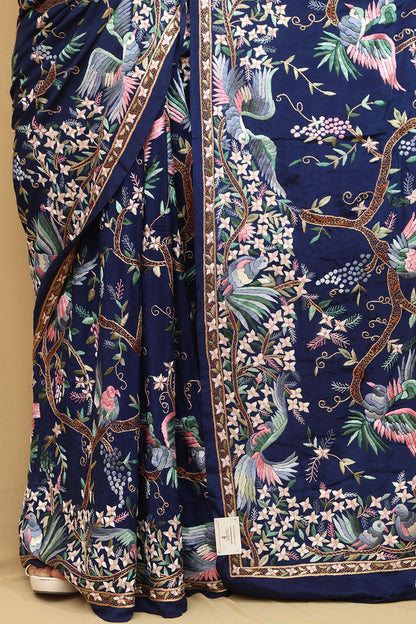 Blue Hand Embroidered Parsi Gara Pure Crepe Saree - Luxurion World