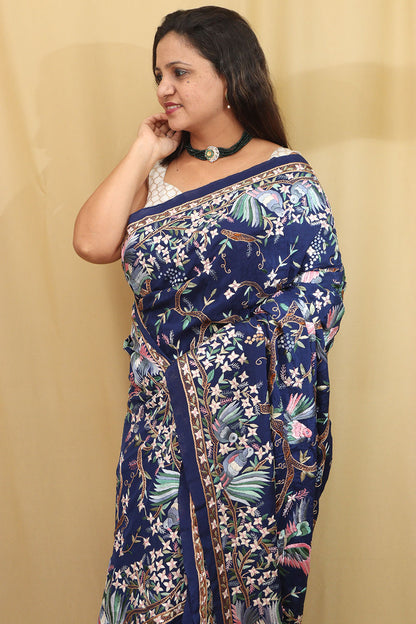 Blue Hand Embroidered Parsi Gara Pure Crepe Saree - Luxurion World