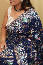 Blue Hand Embroidered Parsi Gara Pure Crepe Saree - Luxurion World