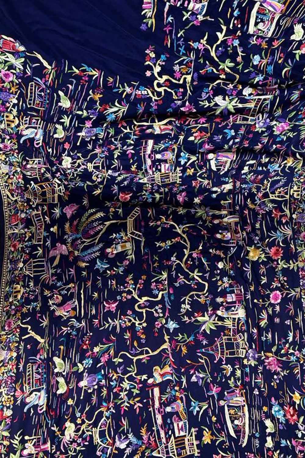 Exquisite Blue Parsi Gara Hand Embroidered Pure Crepe Multicolor Thread Work Saree - Luxurion World