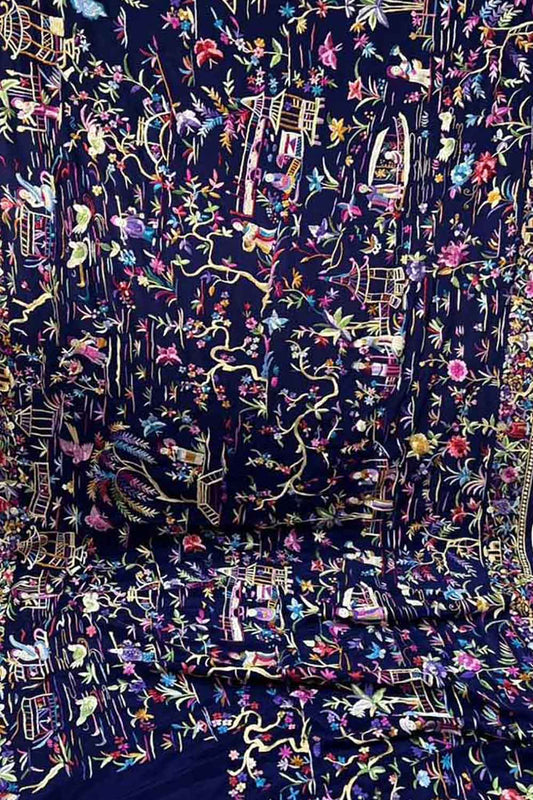 Exquisite Blue Parsi Gara Hand Embroidered Pure Crepe Multicolor Thread Work Saree - Luxurion World