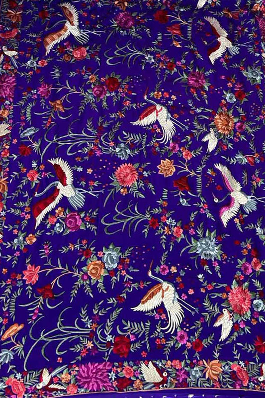 Beautiful Blue Parsi Gara Hand Embroidered Pure Crepe Multicolor Thread Work Saree - Luxurion World