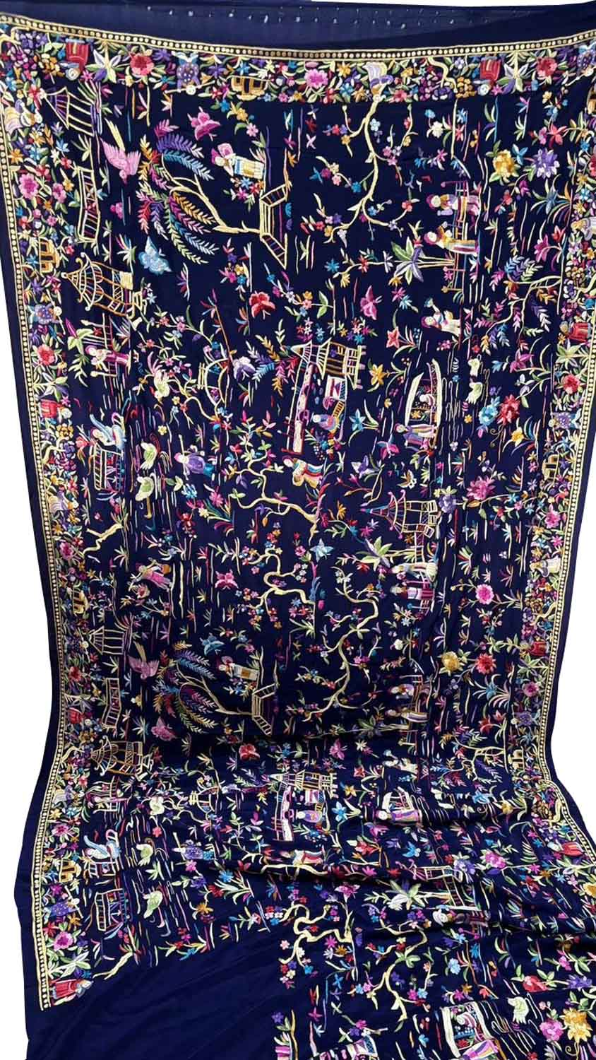 Exquisite Blue Parsi Gara Hand Embroidered Pure Crepe Multicolor Thread Work Saree - Luxurion World