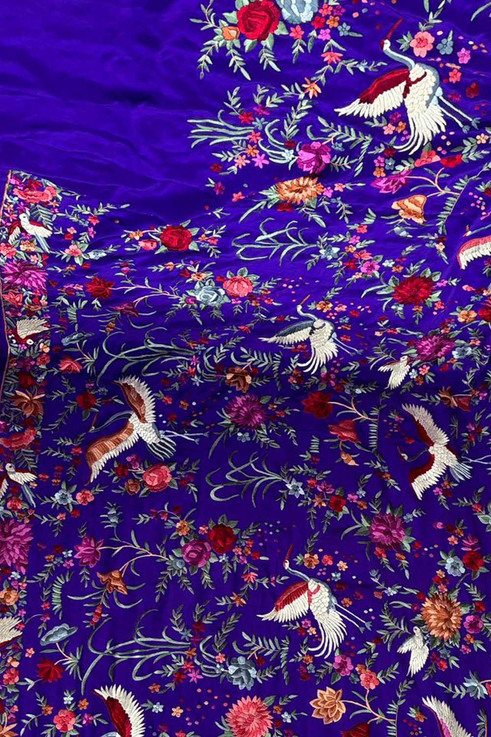 Beautiful Blue Parsi Gara Hand Embroidered Pure Crepe Multicolor Thread Work Saree - Luxurion World