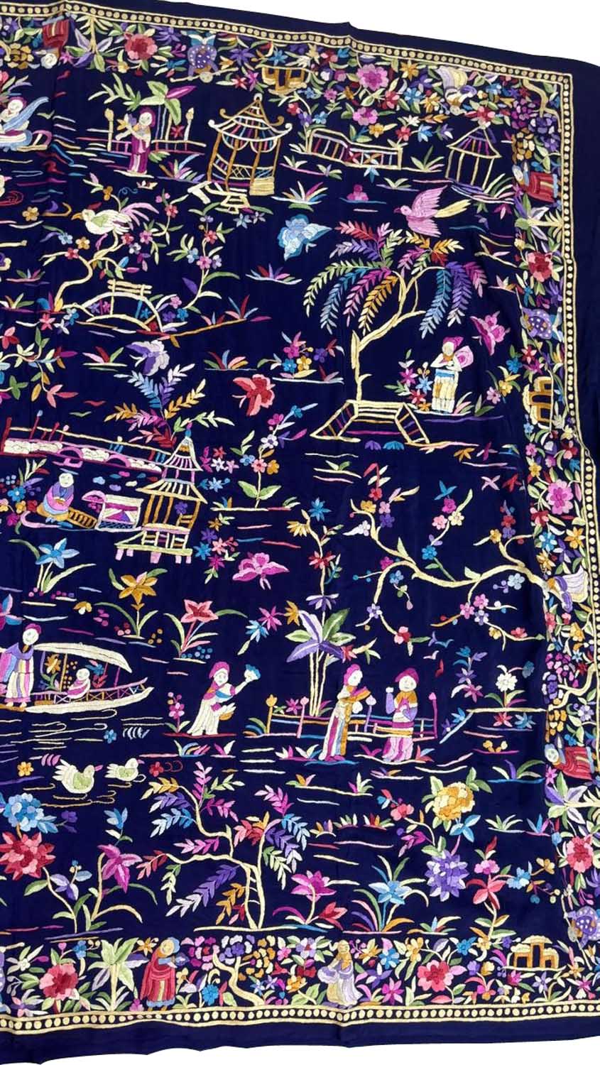 Exquisite Blue Parsi Gara Hand Embroidered Pure Crepe Multicolor Thread Work Saree - Luxurion World