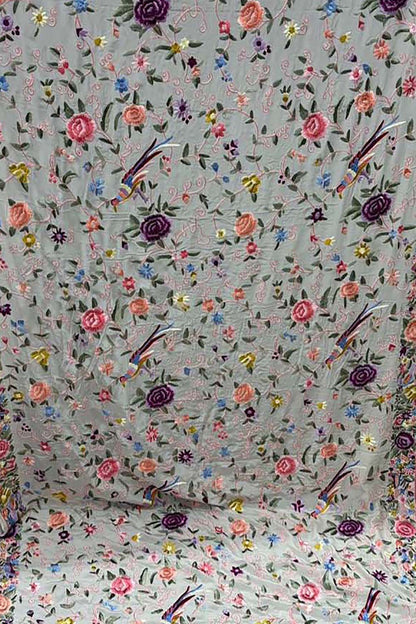 Elegant Off White Parsi Gara Hand Embroidered Pure Crepe Multicolor Thread Work Saree - Luxurion World