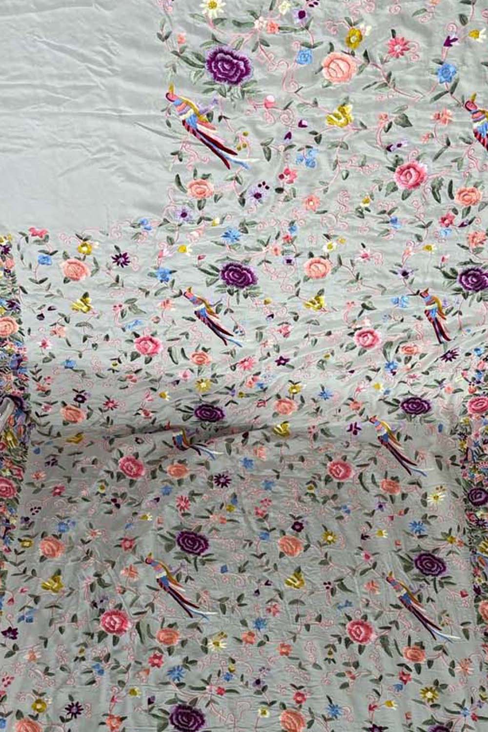 Elegant Off White Parsi Gara Hand Embroidered Pure Crepe Multicolor Thread Work Saree - Luxurion World