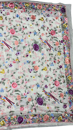 Elegant Off White Parsi Gara Hand Embroidered Pure Crepe Multicolor Thread Work Saree - Luxurion World