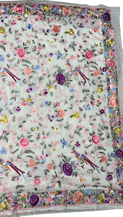 Elegant Off White Parsi Gara Hand Embroidered Pure Crepe Multicolor Thread Work Saree - Luxurion World