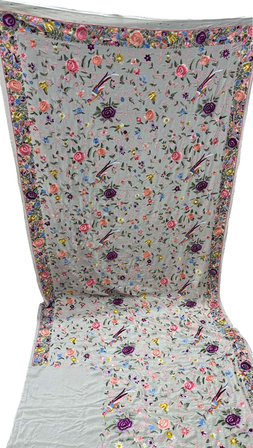 Elegant Off White Parsi Gara Hand Embroidered Pure Crepe Multicolor Thread Work Saree - Luxurion World