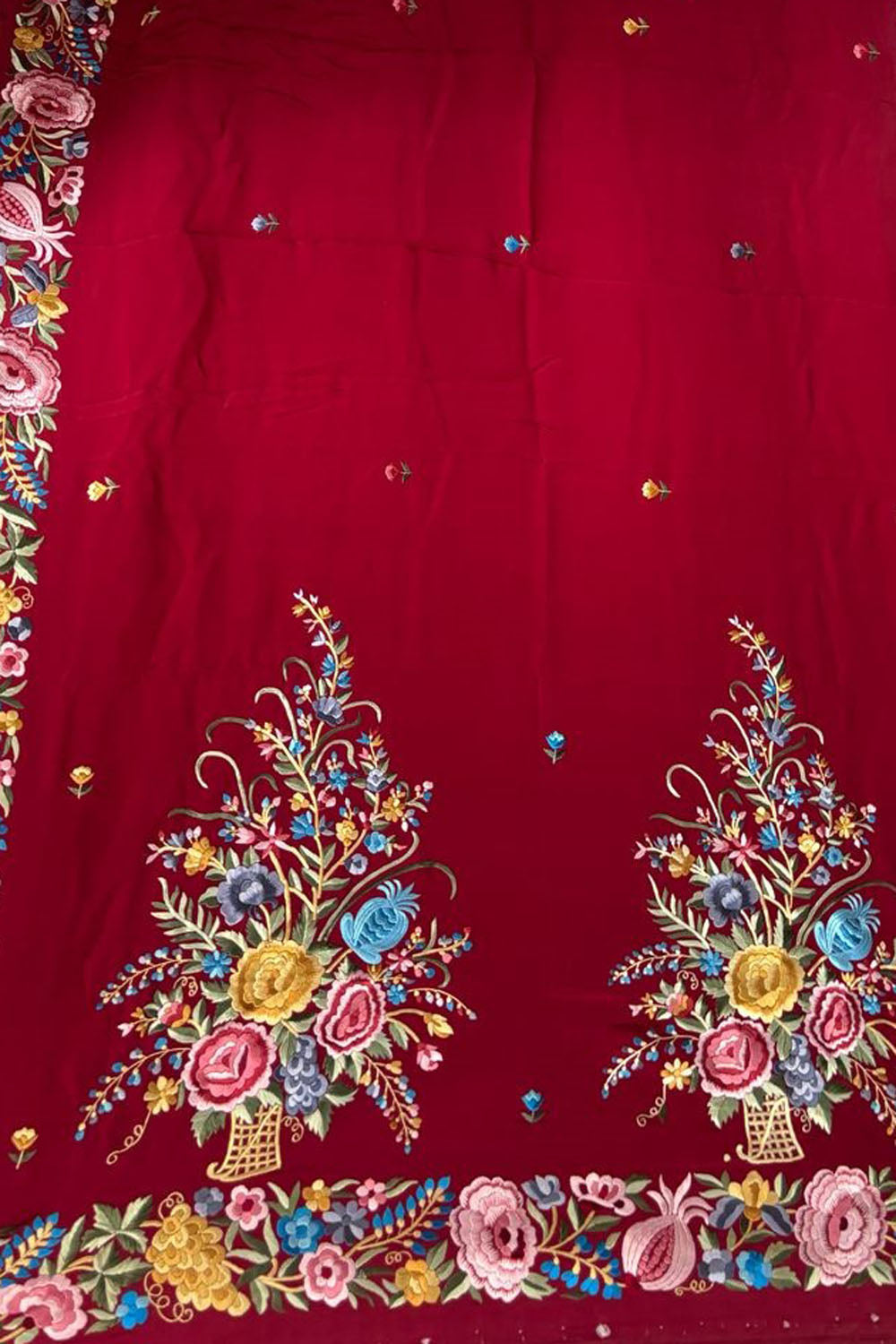 Exquisite Red Parsi Gara Hand Embroidered Pure Crepe Multicolor Thread Work Flower Design Saree - Luxurion World